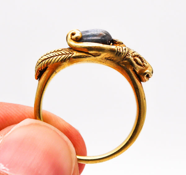 -Victorian 1860 Ancient Revival Ram Ring In 22Kt Yellow Gold With a Sapphire