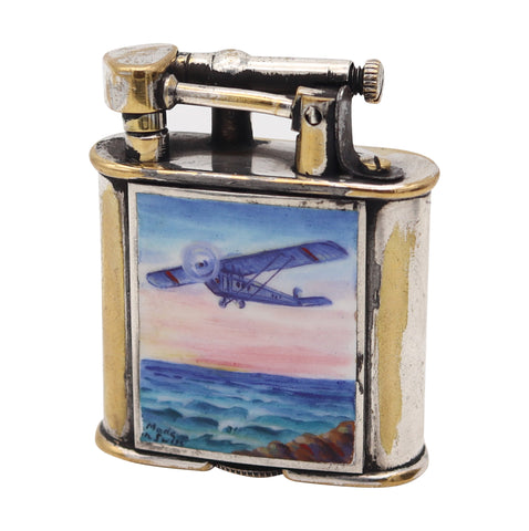 SARASTRO 1930 Pforzheim Enameled Deco Diksi Petrol Lighter In Silver on Brass