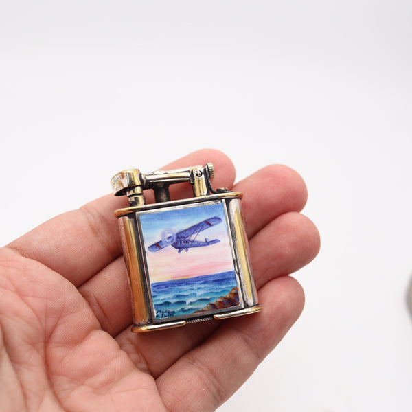 SARASTRO 1930 Pforzheim Enameled Deco Diksi Petrol Lighter In Silver on Brass