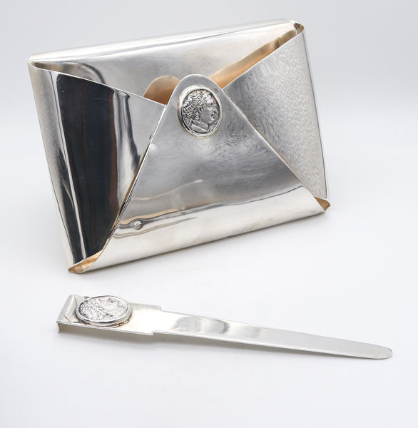 -Galena 1970 Modernist Unique Medallion Desk Set In Solid .925 Sterling Silver