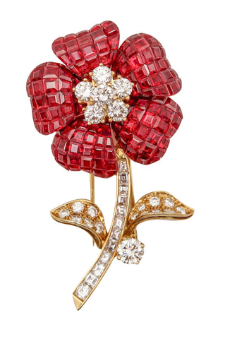 -Aletto Bros Mystery Setting Flower Brooch 18Kt Gold And 19.03 Ctw Rubies & Diamonds