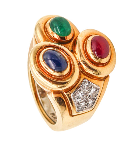 -David Webb Cocktail Ring In 18kt Gold & Platinum With 3.10 Cts In Gemstones Diamonds