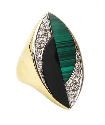 -La Triomphe 1970 Cocktail Ring In 18Kt Gold With 9.88 Cts In Diamonds Malachite And Onyx