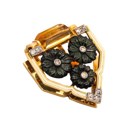 -Cartier 1930 Art Deco Enameled Clip In 18Kt Gold Platinum With Gems And Diamonds