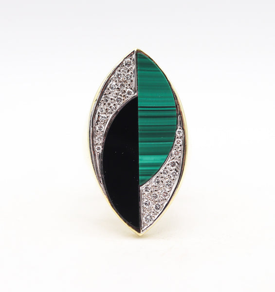 -La Triomphe 1970 Cocktail Ring In 18Kt Gold With 9.88 Cts In Diamonds Malachite And Onyx