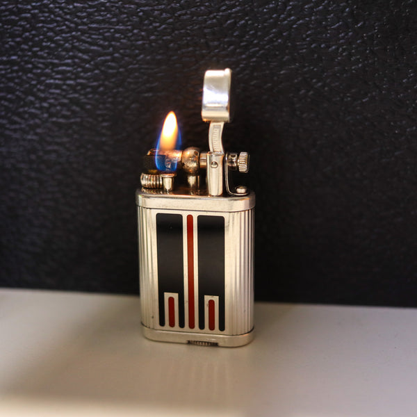 +Dunhill London Enameled Art Deco Manhattan Unique Lift Arm Lighter in Silver