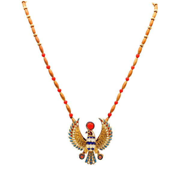 -Egyptian Revival Plique à Jour Enameled Horus Necklace In 18Kt Gold With Coral