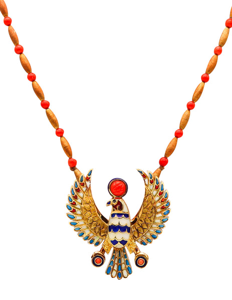 -Egyptian Revival Plique à Jour Enameled Horus Necklace In 18Kt Gold With Coral