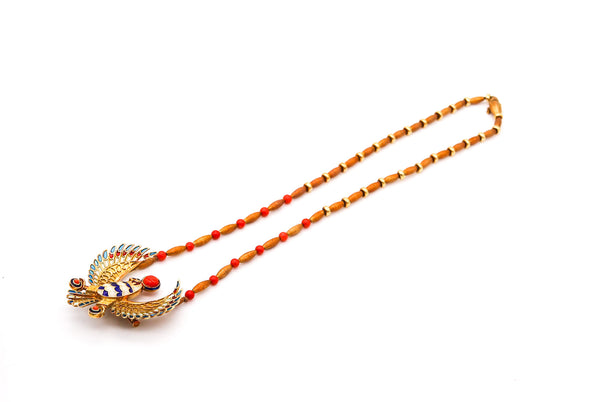 -Egyptian Revival Plique à Jour Enameled Horus Necklace In 18Kt Gold With Coral