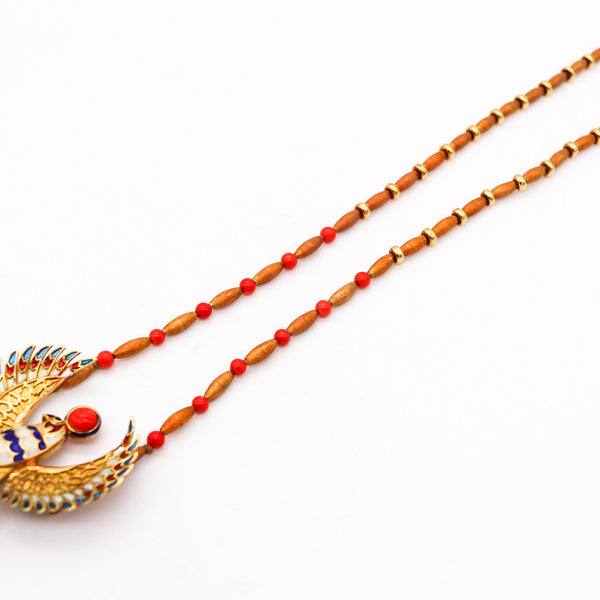 -Egyptian Revival Plique à Jour Enameled Horus Necklace In 18Kt Gold With Coral