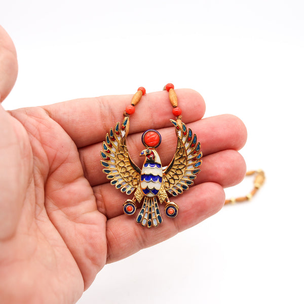 -Egyptian Revival Plique à Jour Enameled Horus Necklace In 18Kt Gold With Coral