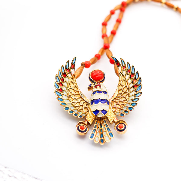 -Egyptian Revival Plique à Jour Enameled Horus Necklace In 18Kt Gold With Coral