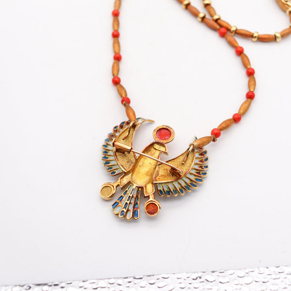 -Egyptian Revival Plique à Jour Enameled Horus Necklace In 18Kt Gold With Coral