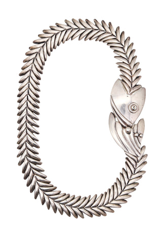D MOLINA 1970 Taxco Modernist Figurative Fish Necklace In .925 Sterling Silver