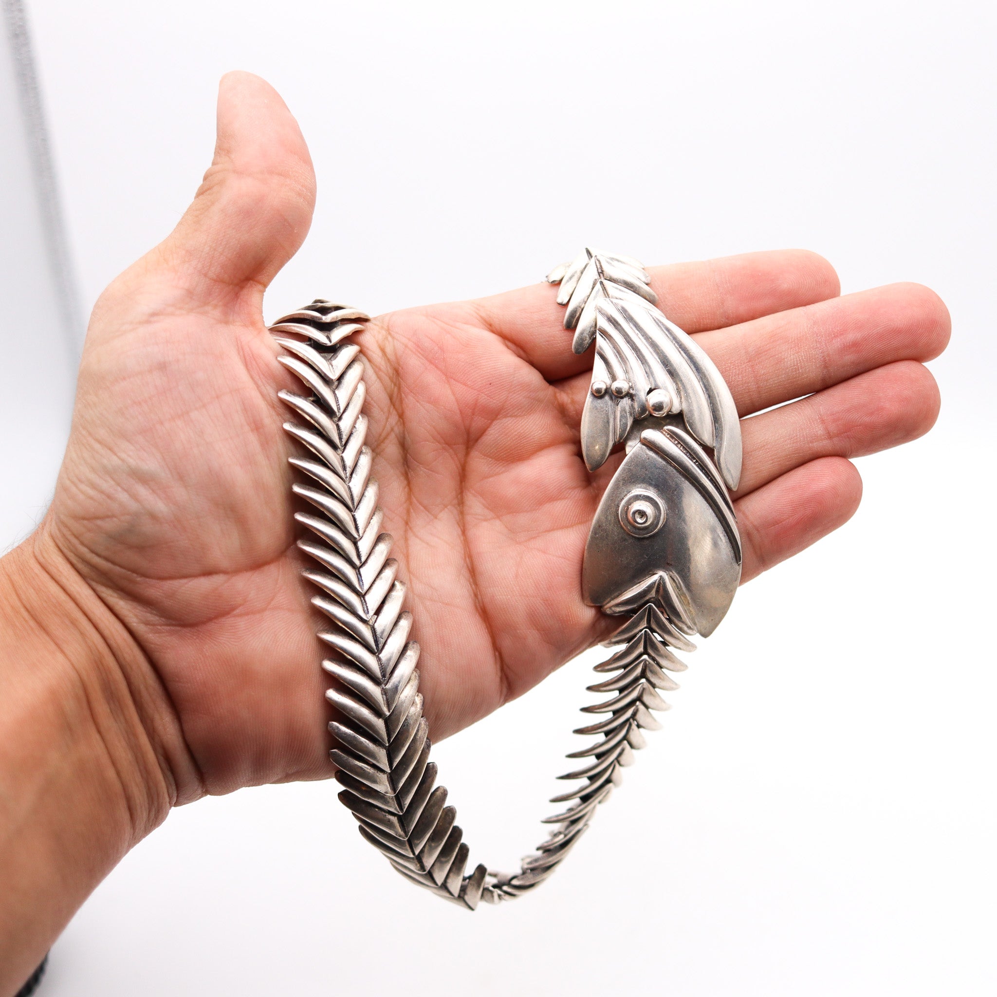 D MOLINA 1970 Taxco Modernist Figurative Fish Necklace In .925