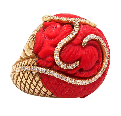 -Guy Henry Coral Dragon Cocktail Ring In 18Kt Yellow Gold With 1.32 Ctw In Diamonds