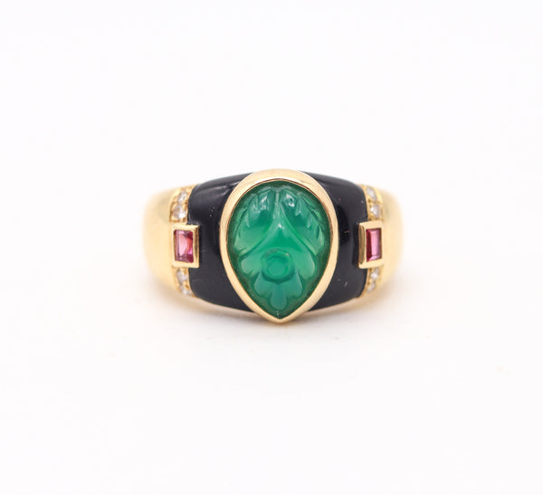 CARTIER Paris GAIA Ring In 18Kt Yellow Gold Chrysoprase, Diamonds, Rubies & Onyx