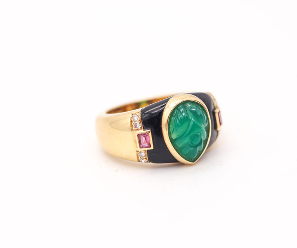 CARTIER Paris GAIA Ring In 18Kt Yellow Gold Chrysoprase, Diamonds, Rubies & Onyx