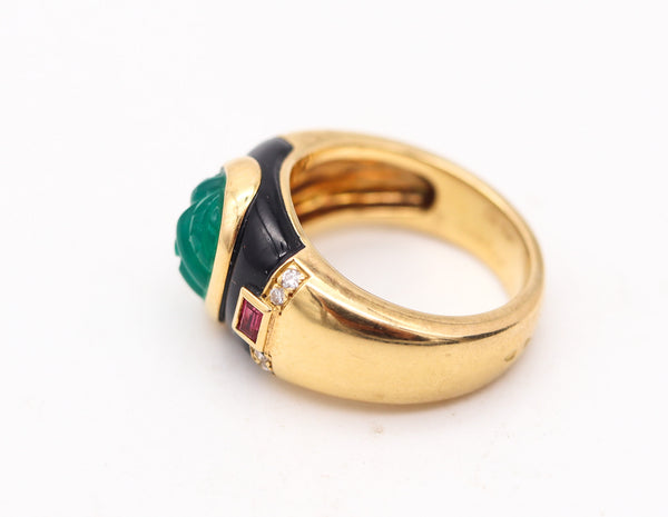 CARTIER Paris GAIA Ring In 18Kt Yellow Gold Chrysoprase, Diamonds, Rubies & Onyx