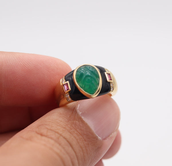 CARTIER Paris GAIA Ring In 18Kt Yellow Gold Chrysoprase, Diamonds, Rubies & Onyx