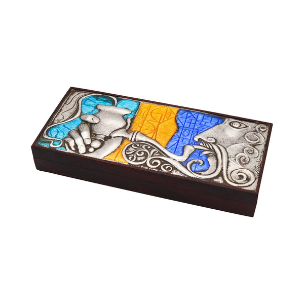 -OTTAVIANI 1960 Modernist Cedar Box in .925 Sterling Silver With Enameled Designs