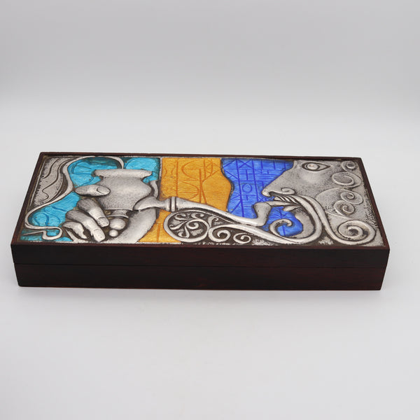 -OTTAVIANI 1960 Modernist Cedar Box in .925 Sterling Silver With Enameled Designs