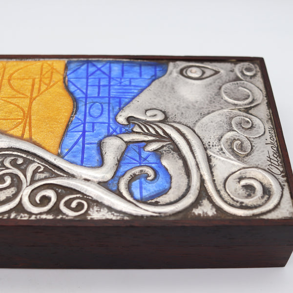 -OTTAVIANI 1960 Modernist Cedar Box in .925 Sterling Silver With Enameled Designs