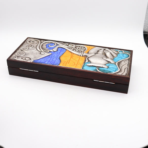 -OTTAVIANI 1960 Modernist Cedar Box in .925 Sterling Silver With Enameled Designs