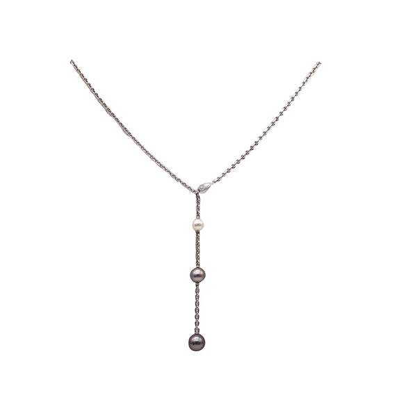 -Cartier Paris Calin Lariat Necklace In 18Kt White Gold With Diamond And Three Pearls