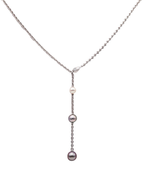 -Cartier Paris Calin Lariat Necklace In 18Kt White Gold With Diamond And Three Pearls