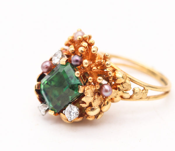 GILBERT ALBERT 1970 Sculptural Organic Ring In 18Kt Gold Diamonds & Tourmaline