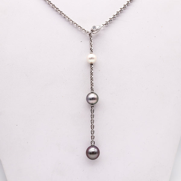 -Cartier Paris Calin Lariat Necklace In 18Kt White Gold With Diamond And Three Pearls