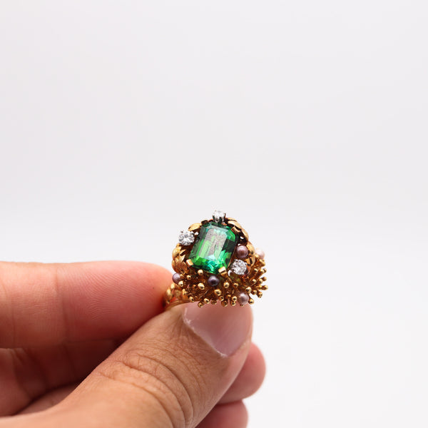 GILBERT ALBERT 1970 Sculptural Organic Ring In 18Kt Gold Diamonds & Tourmaline