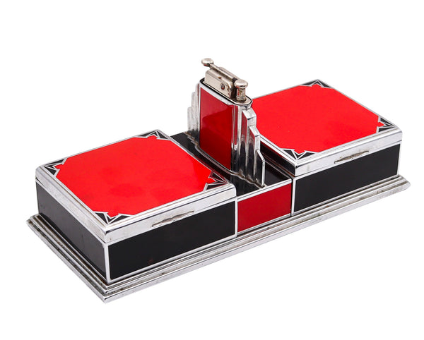 +Otis Elgin Craft 1928 Art Deco Desk Cigarette Box With Lighter In Lacquered Chromed Steel