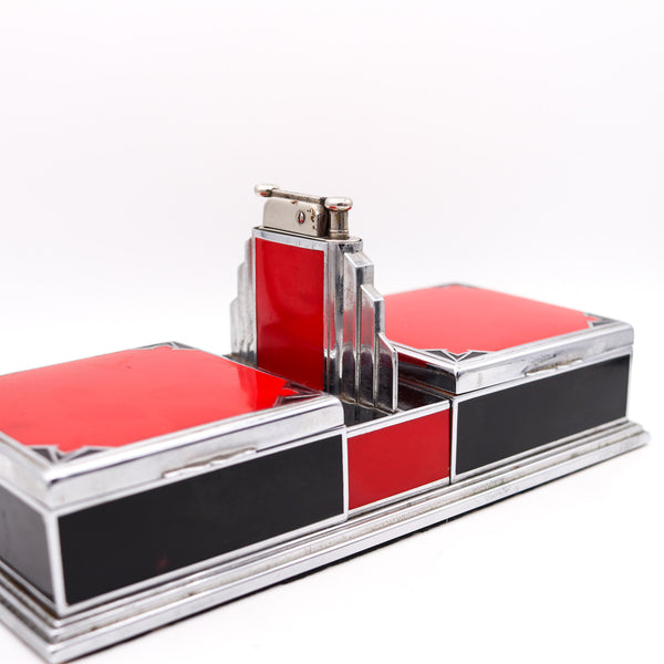 +Otis Elgin Craft 1928 Art Deco Desk Cigarette Box With Lighter In Lacquered Chromed Steel