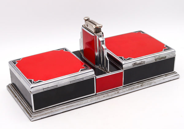 +Otis Elgin Craft 1928 Art Deco Desk Cigarette Box With Lighter In Lacquered Chromed Steel