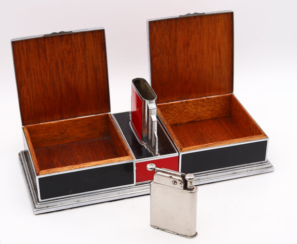 +Otis Elgin Craft 1928 Art Deco Desk Cigarette Box With Lighter In Lacquered Chromed Steel