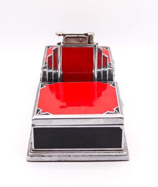 +Otis Elgin Craft 1928 Art Deco Desk Cigarette Box With Lighter In Lacquered Chromed Steel