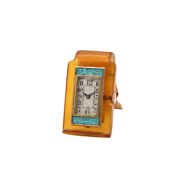 -Germany 1935 Art Deco Money Clip With Watch In 18Kt Gold Bakelite And Turquoises