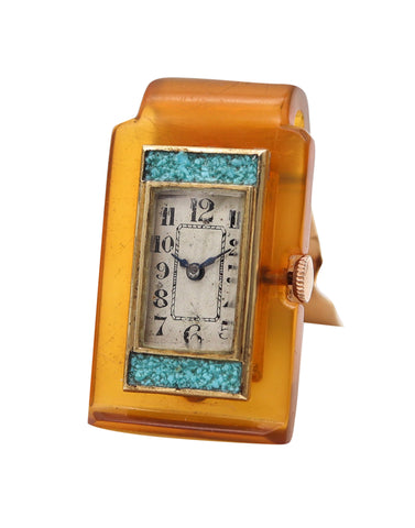 -Germany 1935 Art Deco Money Clip With Watch In 18Kt Gold Bakelite And Turquoises