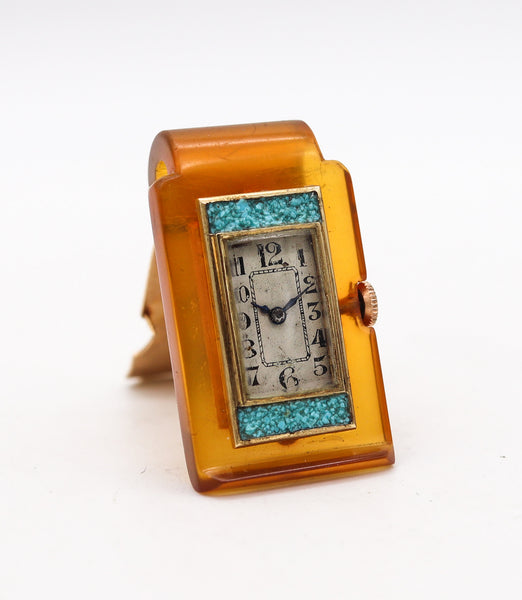 -Germany 1935 Art Deco Money Clip With Watch In 18Kt Gold Bakelite And Turquoises