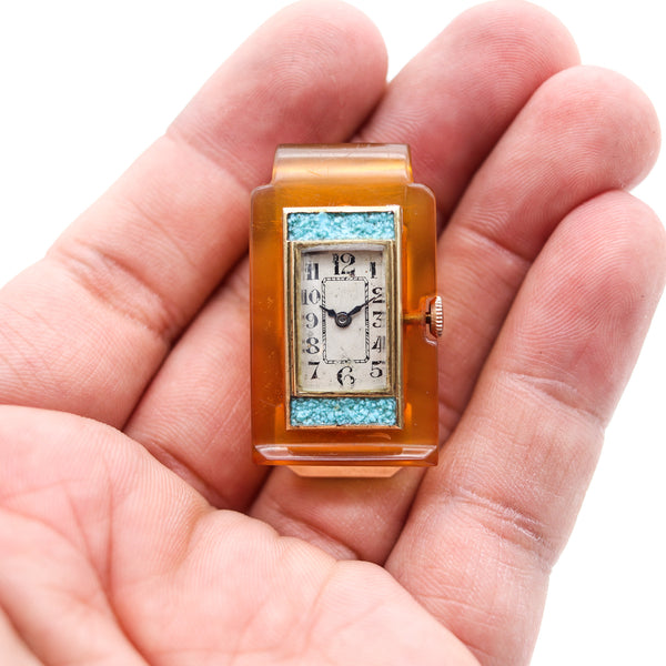 -Germany 1935 Art Deco Money Clip With Watch In 18Kt Gold Bakelite And Turquoises