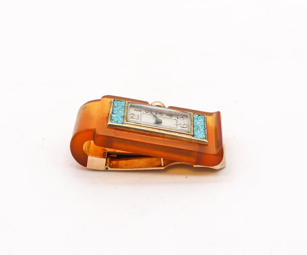 -Germany 1935 Art Deco Money Clip With Watch In 18Kt Gold Bakelite And Turquoises