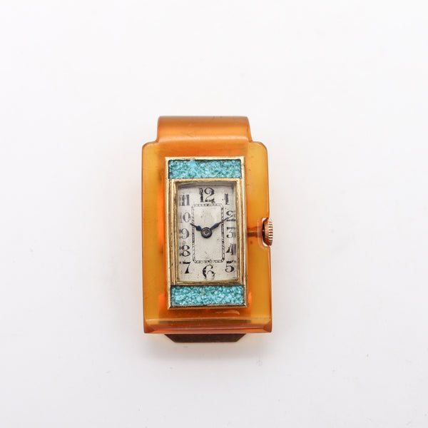 -Germany 1935 Art Deco Money Clip With Watch In 18Kt Gold Bakelite And Turquoises