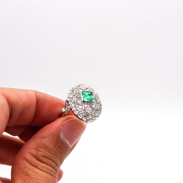EDWARDIAN 1910 Cocktail Ring In Platinum With 3.97 Ctw Diamonds And Emerald