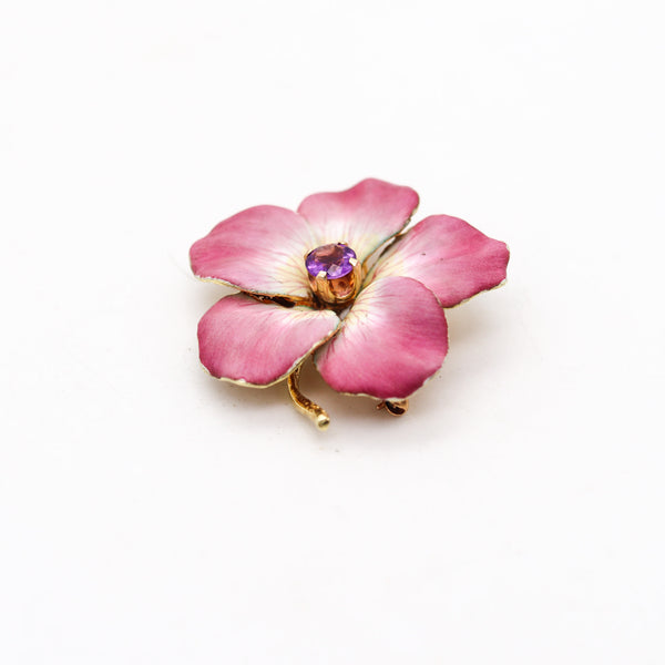 -Art Nouveau 1910 Enameled Wild Rose Flower In 14Kt Yellow Gold With Amethyst