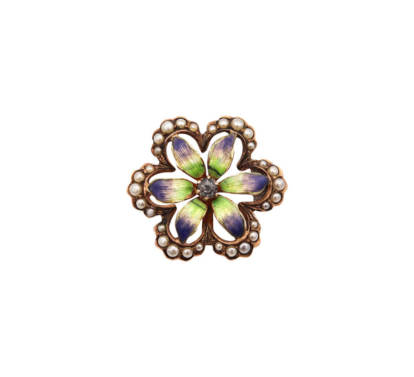 -Edwardian 1905 Enameled Flower Pendant Brooch In 14Kt Yellow Gold With Pearls