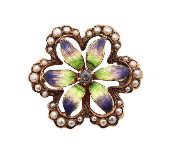 -Edwardian 1905 Enameled Flower Pendant Brooch In 14Kt Yellow Gold With Pearls