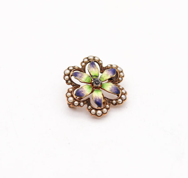 -Edwardian 1905 Enameled Flower Pendant Brooch In 14Kt Yellow Gold With Pearls