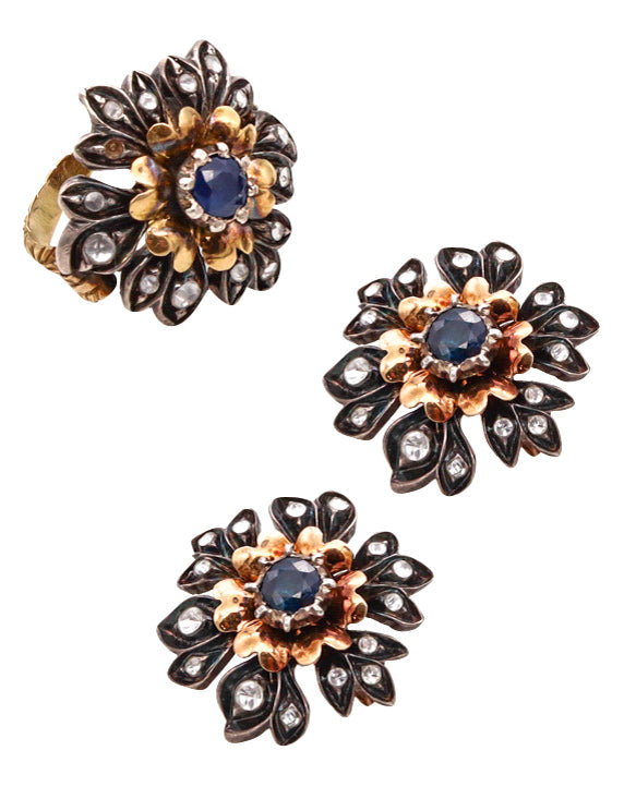 AUSTRO-HUNGARIAN 1900 Earrings & Ring Set 18Kt Gold With 3.15 Cts In Gemstones